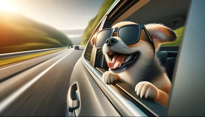 Foto op Plexiglas Un chiot drôle dans une voiture, rapide sur la route, évoquant vitesse et joie en automobile © Sébastien