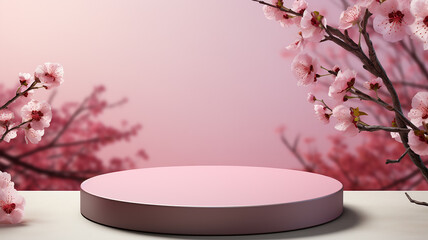 empty natural stone podium with flowers for showing packaging and product on blurred background, copy space ,3d rendered