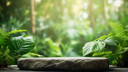 Concrete podium product display in jungle or stage product showcase mock up Minimal scene for product display presentation