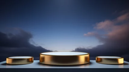 Poster 3d rendered empty display elegant luxury blue and gold theme podium with leaves Minimal scene for product display presentation © Uzair