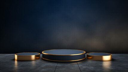 3d rendered empty display elegant luxury blue and gold theme podium with leaves Minimal scene for product display presentation