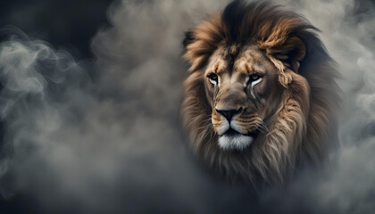 Close male lion in smoke on dark background