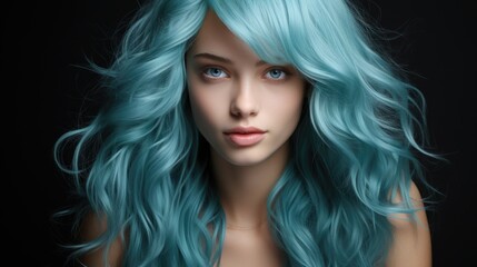 A woman with blue hair is posing for a picture. Luscious colored locks, radiating confidence and style. Perfect for hair product ads.