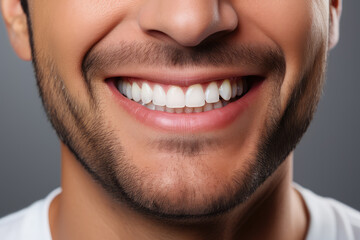 Focuses on a cheerful male smile, highlighting dental hygiene and beauty in a close-up shot, perfect for health advertisements.