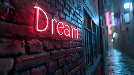 a neon sign saying dream on a concrete wall in the city outside of a building