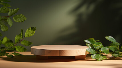 3d rendered wooden empty display podium with leaves Minimal scene for product display presentation