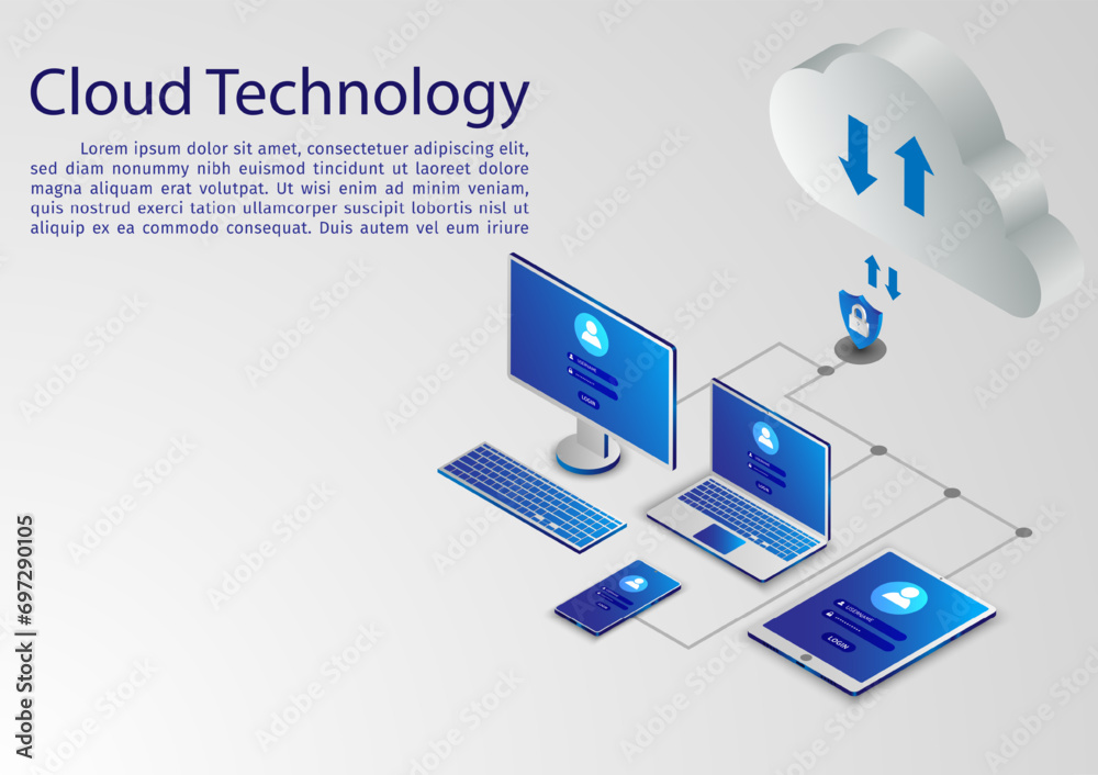 Poster Isometric web cloud technology business futuristic abstract background. modern cloud computing technology and networking concept. online storage,  vector illustration.