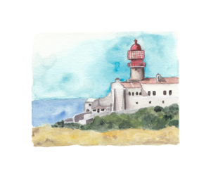 Old castle and lighthouse on the hill and on the beach. Watercolor sea illustration Portugal coast line Hand-painted landscape and architecture Png clipart with transparent background
