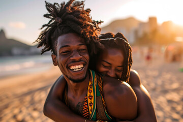 young black brazilian couple in piggyback position having fun