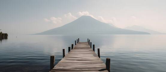 Serene lake with a wooden pier and mountain backdrop