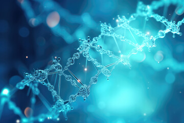 This image captures the detailed molecular structure of DNA, presented in a light blue shade, ideal for genetics and virology research. - obrazy, fototapety, plakaty