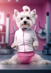 Cartoon sporty white dog ready for training in the gym, AI