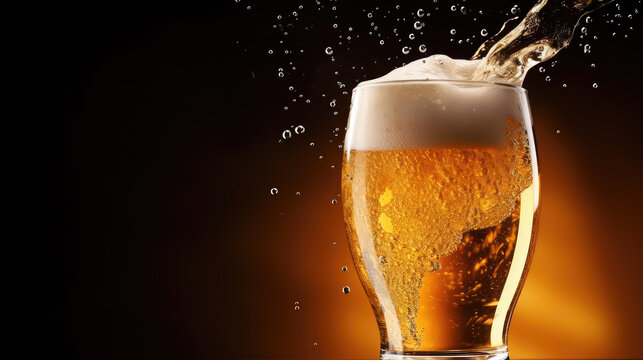 A dynamic image of beer being poured, creating a frothy bubble effect in a glass, set against a wave curve background, ideal for text space.