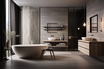 Bath space with smooth surfaces and minimalistic detailing. Natural and neutral color tones