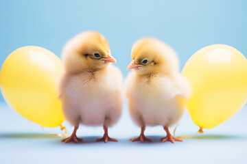Fototapeta premium two small chickens standing next to each other with yellow balloons