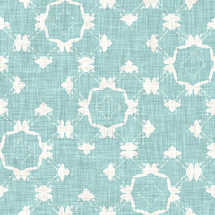 Teal aqua white vibrant watercolor batik azulejos tile background. Seamless coastal blur linen effect geometric mosaic effect.Boho Patchwork nautical masculine all over summer fashion repeat.
