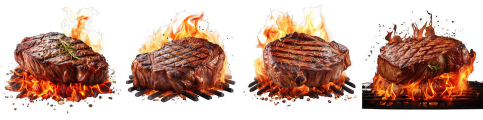 Beef steak on the grill with flames Hyperrealistic Highly Detailed Isolated On Transparent Background Png File - obrazy, fototapety, plakaty