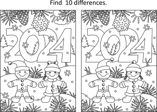 Year 2024 difference game and coloring page with year 2024 heading, gingerbread man and gingerbread girl, cheerful snowflake and outdoor winter scene
