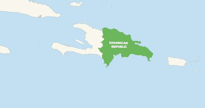 World Map Zoom In To Dominican Republic. Animation in 4K Video. Green Dominican Territory On Blue and White World Map