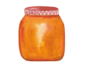 Jar of jam Watercolor food illustration Glass bottle hand-painted and hand-drawn clipart with png transparent background