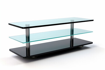 a glass shelf with a black base and a silver base