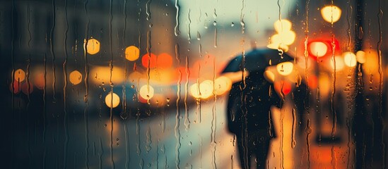 Blurred silhouettes of people with umbrellas on a rainy day in the city, two persons seen through raindrops on a window glass, blurred background. Signifies seasons, weather, contemporary city women. - obrazy, fototapety, plakaty