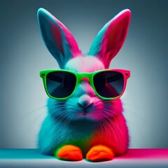 Bright cartoon hare with rainbow hair in sunglasses. Head Rabbit. Stylish modern illustration. Youth style. Pop art. Fashion. Neon colors. Holiday. Trends. Cool. 3D Ai