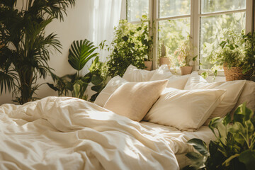 a bed with a white comforter and pillows