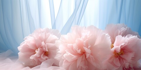AI Generated. AI Generative. Soft elegant silk flowers decorative art in blue white pink colors. Graphic Art
