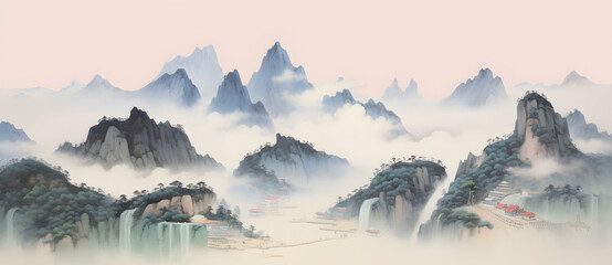 Misty mountain landscape with traditional architecture