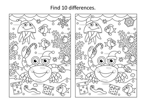Underwater Christmas or New Year celebration party difference game and coloring page with crab and funny scene of sea life
