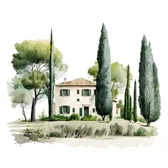 Fotobehang Two-storey country house in the south of Europe. Watercolor illustration isolated on white. Traditional European architecture.  © flipper1971
