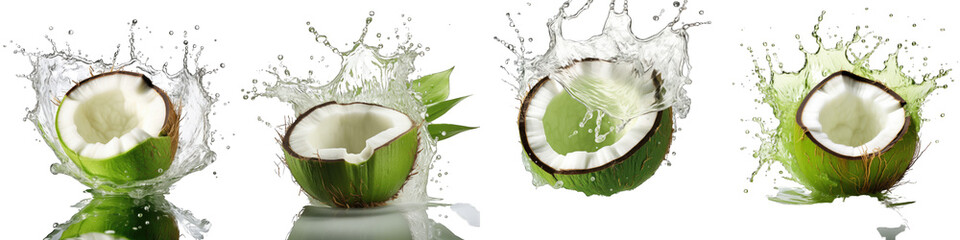 Coconut water splashing out of a fresh green coconut Hyperrealistic Highly Detailed Isolated On Transparent Background Png File - obrazy, fototapety, plakaty