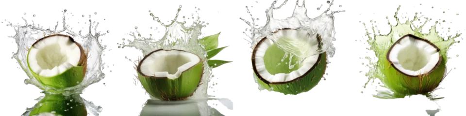 Foto op Plexiglas Coconut water splashing out of a fresh green coconut Hyperrealistic Highly Detailed Isolated On Transparent Background Png File © Wander Taste