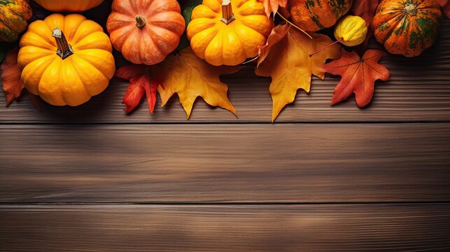 Autumn decorative pumpkins with fall leaves on wooden surface with copy space for text