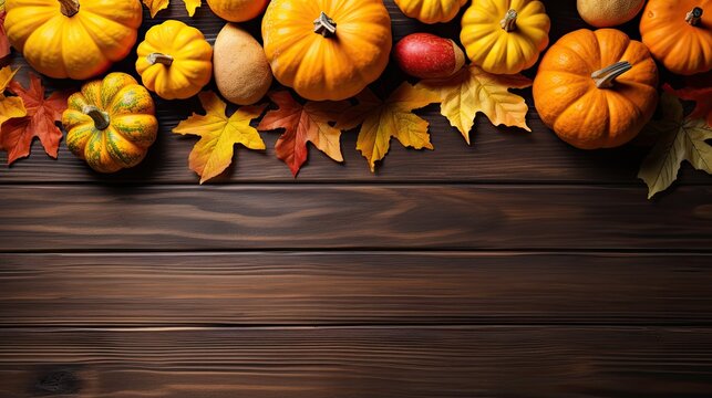 Autumn decorative pumpkins with fall leaves on wooden surface with copy space for text
