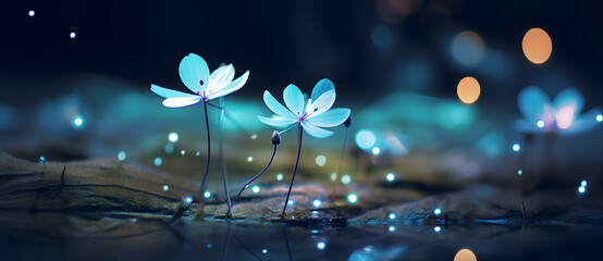 Ethereal blue flowers glowing on water surface - Powered by Adobe