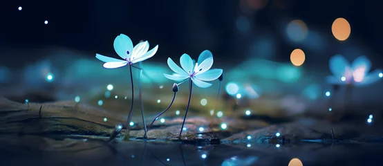 Keuken spatwand met foto Ethereal blue flowers glowing on water surface © 文广 张