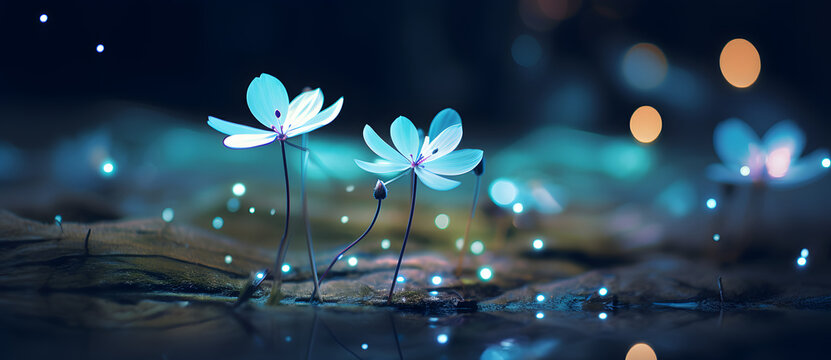 Ethereal blue flowers glowing on water surface