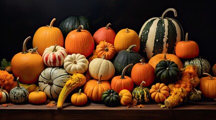 A bunch of colorful fresh pumpkins on a wooden table