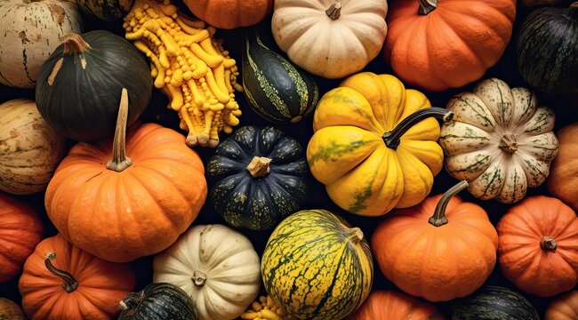 A bunch of different colored fresh pumpkins arranged on a table