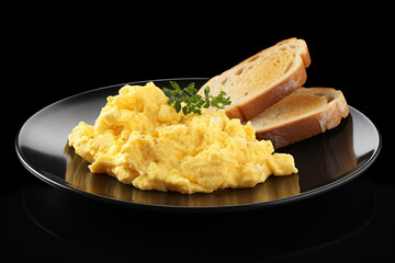 a plate of scrambled eggs with toast on a black plate