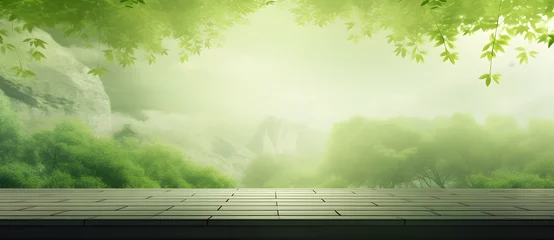 Foto op Plexiglas Sunlight filtering through a bamboo forest onto a wooden platform © 文广 张