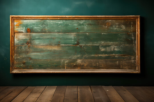 Empty green chalkboard and wooden table in classroom