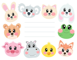 Cute animal frame with simple lines for text. Kawaii animal frame or card lined with rabbit, fox, cat, bunny, frog, chick, pig, hippopotamus, koala and bear. Kawaii animals set for baby, kids