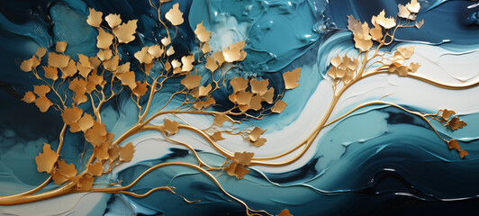 Abstract oil painting in golden blue colors. Digital art - obrazy, fototapety, plakaty