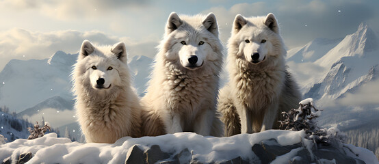 Pack of white wolves in a snowy mountain landscape