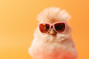 Experience the charm of this adorable bird, sporting trendy sunglasses, complemented by a warm peach and pink pastel backdrop, perfect for nature and fashion lovers.