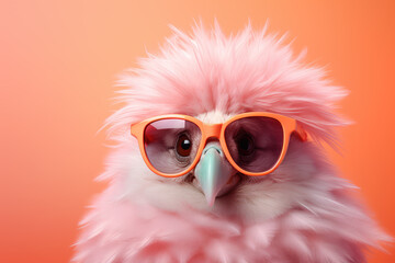 A delightful bird in fashionable sunglasses, framed by a serene peach and soft pink pastel background, creating a perfect blend of whimsy and style.