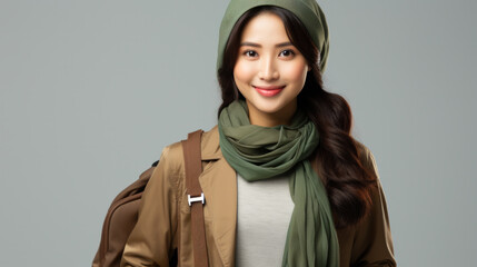 traveller adult attractive cheerful smiling asian female wear casual cloth with hat and purse ready to travel in summer time vacation ideas concept isolate background